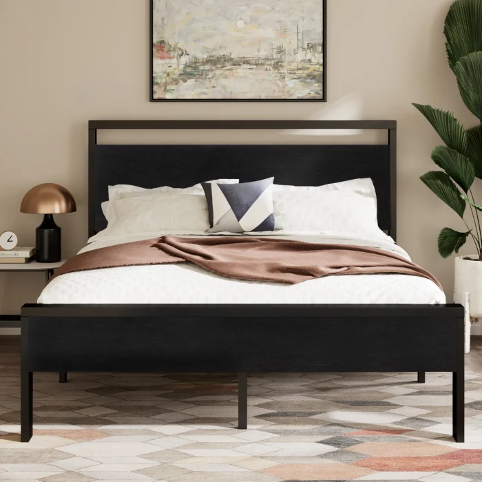 HOOMIC Platform Bed Frame – Rustic Wood Headboard & Footboard, Heavy-Duty Metal Slats, Strong Support by Allewie - Image 1