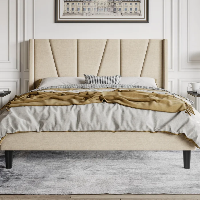 HOOMIC Platform Bed Frame – Geometric Wingback Headboard, Wooden Slats Support, No Box Spring Needed, by Allewie - Image 1