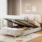 2-Piece Bedroom Set – Queen Upholstered Platform Bed with Hydraulic Storage & Beige Ottoman with Metal Legs