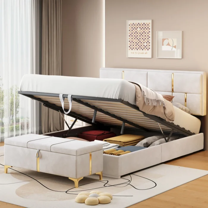 2-Piece Bedroom Set – Queen Upholstered Platform Bed with Hydraulic Storage & Beige Ottoman with Metal Legs - Image 1