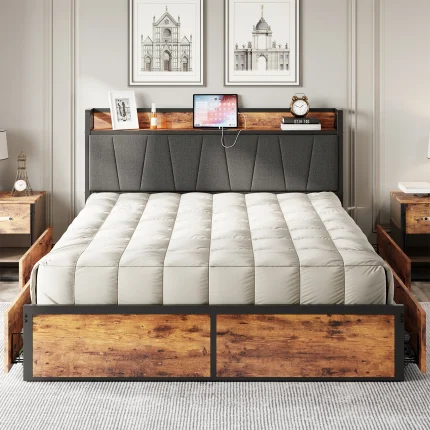 LIKIMIO King Bed Frame with Storage Drawers, USB Charging Headboard, No Box Spring, Sturdy & Quiet