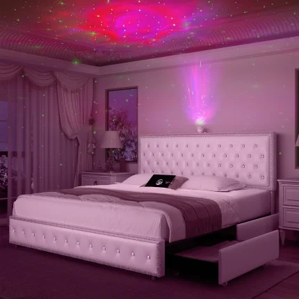 GEGOFORU White LED Bed Frame with Galaxy Projector, USB, Bluetooth, Storage Drawers, No Box Spring Needed