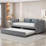 Twin Velvet Upholstered Daybed with Trundle, Ergonomic Backrest, Wood Frame & Striped Headboard – Kids or Guests