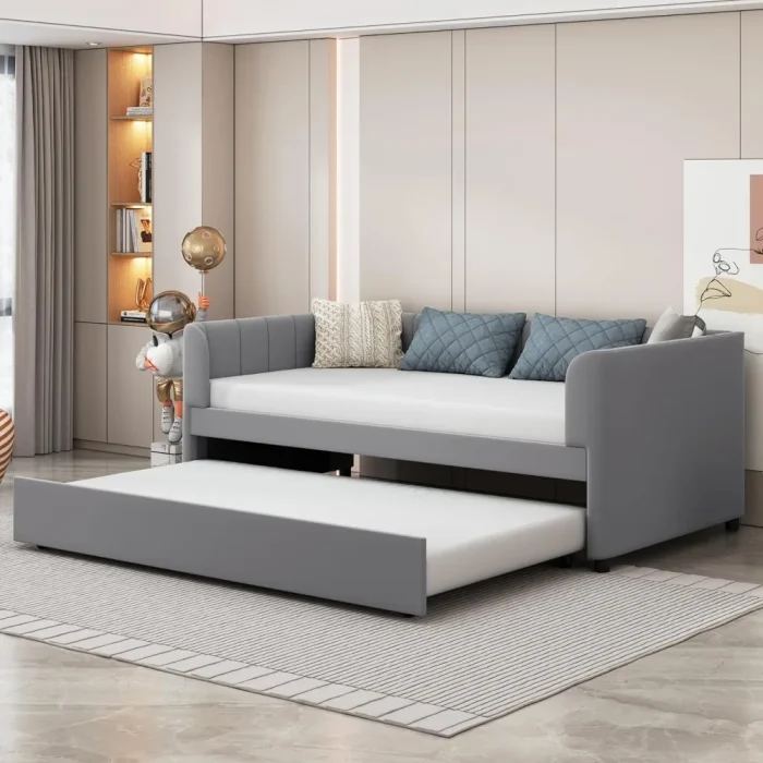 Twin Velvet Upholstered Daybed with Trundle, Ergonomic Backrest, Wood Frame & Striped Headboard – Kids or Guests - Image 1