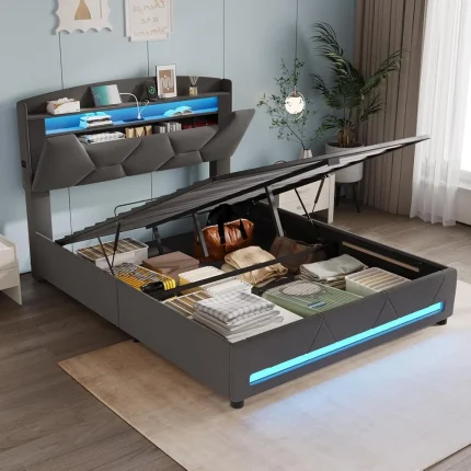 Maupvit Full Lift-Up Storage Bed Frame with LED Headboard, Charging Station, Hydraulic Platform, Upholstered Design