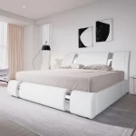 Allewie Queen Platform Bed Frame – Faux Leather Upholstered, Curved Adjustable Headboard, Iron Decor, Sturdy Wood Base