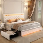 Luxury White PU Leather Queen Bed Frame with Storage Drawers, Crystal Headboard, Sturdy, Easy Assembly
