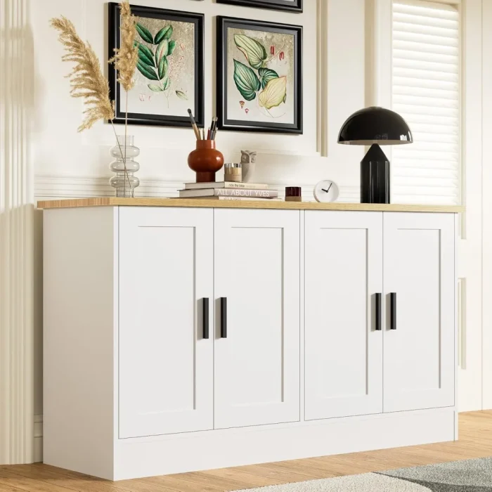 White 4-Door Buffet Cabinet – 53.1" Sideboard with Adjustable Shelves for Kitchen, Coffee Bar & Hallway - Image 1
