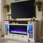 Farmhouse Entertainment Center with 42" Fireplace – Modern Media Console Table with Storage Drawers & Cabinets