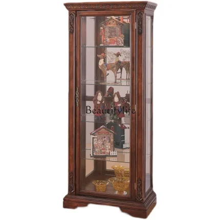 American Solid Wood Single-Door Wine Cabinet with Glass Wall, Vertical European Corner Storage for Living Room