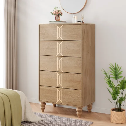 Modern Tall Wooden Chest of Drawers with 5 Deep Drawers, Large Storage Cabinet for Bedroom & Living Room