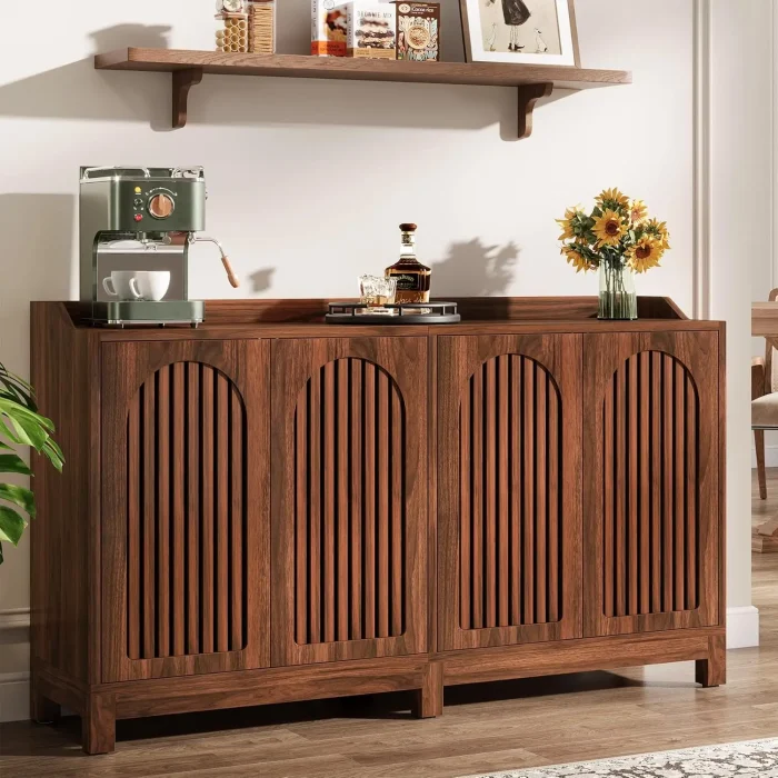 57" Walnut Farmhouse Buffet Cabinet – Sideboard with Doors and Shelves for Dining, Kitchen, Living Room - Image 1