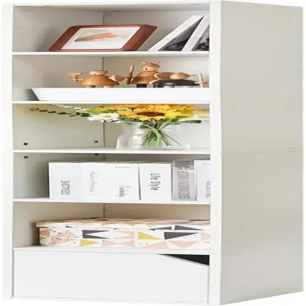 6-Tier Slim White Bookcase with Doors – Narrow Media Storage Cabinet for CDs, DVDs, Books, Display