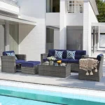 7-Piece All-Weather PE Wicker Patio Furniture Set with Sectional Sofa, Ottoman, and Tempered Glass Table