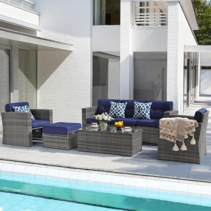 7-Piece All-Weather PE Wicker Patio Furniture Set with Sectional Sofa, Ottoman, and Tempered Glass Table