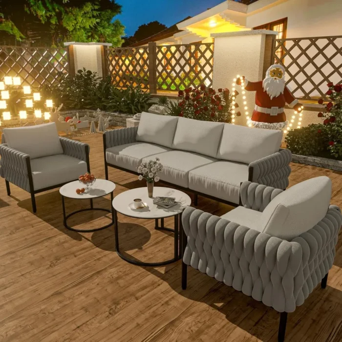 5-Piece Modern Patio Furniture Set with Rope-Woven Sofa, Deep Cushions, Dual Nesting Tables – Outdoor Ready - Image 1