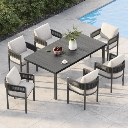 7-Piece Outdoor Dining Set for 6 – Woven Wicker Chairs, Cushions & Metal Patio Table Included