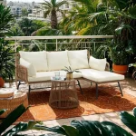 3-Piece Outdoor Rattan Sectional Sofa Set with Lounger, Cushions & Glass Coffee Table for Patio
