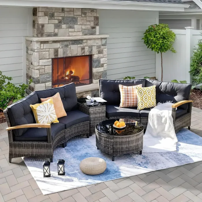 6-Piece Grey Outdoor Patio Furniture Set with Wood Armrests, Glass Coffee Table & Side Table - Image 1