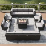 15-Piece Patio Furniture Set with Fire Pit Table – Wicker Rattan Sectional Sofa & Coffee Table