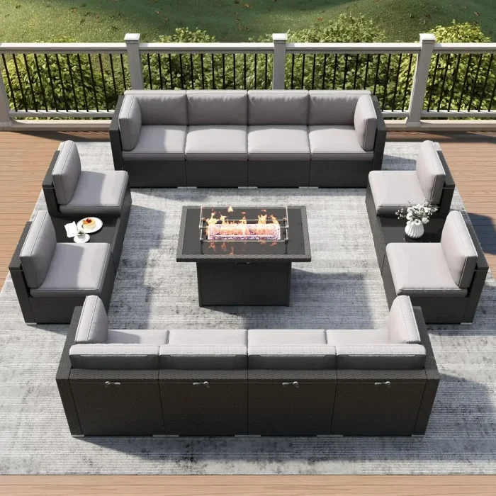 15-Piece Patio Furniture Set with Fire Pit Table – Wicker Rattan Sectional Sofa & Coffee Table - Image 1