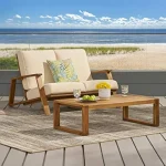 Outdoor Patio Loveseat & Coffee Table Set – Acacia Wood Frame, Thick Cushions, Garden Conversation Furniture Set
