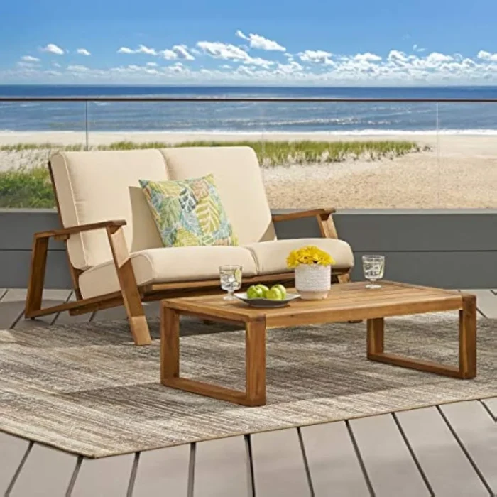 Outdoor Patio Loveseat & Coffee Table Set – Acacia Wood Frame, Thick Cushions, Garden Conversation Furniture Set - Image 1