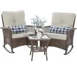 3-Piece Patio Rocking Bistro Set – Brown Wicker Chairs with Thick Cushions & Coffee Table for Porch