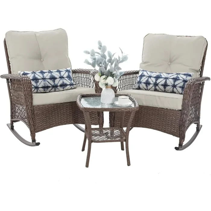 3-Piece Patio Rocking Bistro Set – Brown Wicker Chairs with Thick Cushions & Coffee Table for Porch - Image 1