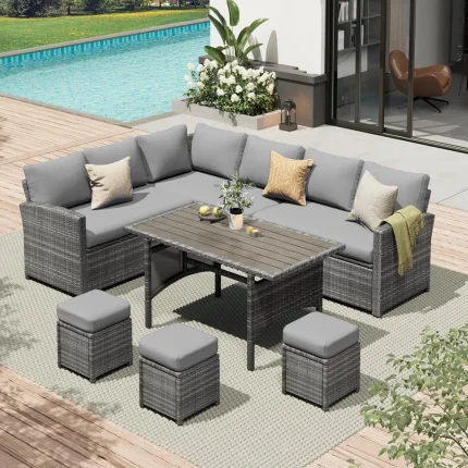 7-Piece Outdoor Patio Furniture Set – All-Weather Wicker Dining Table, Chairs & Ottoman Conversation Set