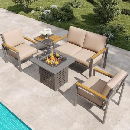 5-Piece Modern Patio Set with Fire Pit, Cushions & Wood-Style Arms – Outdoor Sectional Seating