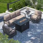 Aluminum Patio Furniture Set with Fire Pit Table, Swivel Chairs, Sectional Sofa & Upgraded Cushions for Outdoors