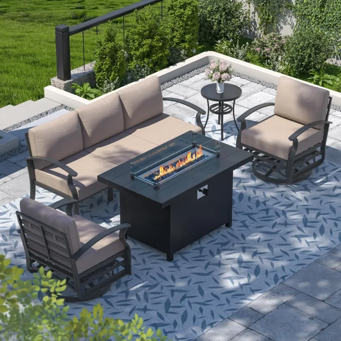 Aluminum Patio Furniture Set with Fire Pit Table, Swivel Chairs, Sectional Sofa & Upgraded Cushions for Outdoors - Image 1