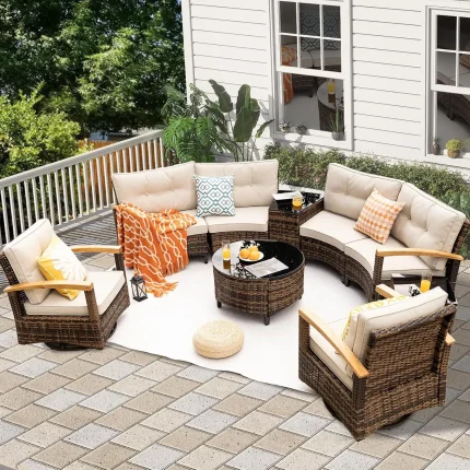 Multi-Piece Outdoor Patio Furniture Set – Curved Half-Moon Rattan Sofa, All-Weather Conversation Set for Backyard Living