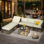 7-Piece Wicker Outdoor Patio Furniture Set – Sectional Conversation Sofa with Beige Cushions & Coffee Table