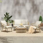 4-Piece Outdoor PE Rattan Wicker Patio Furniture Set with Table and Cushioned Chairs for Balcony