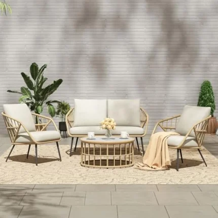 4-Piece Outdoor PE Rattan Wicker Patio Furniture Set with Table and Cushioned Chairs for Balcony