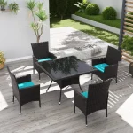 5-Piece Outdoor Wicker Patio Dining Set with Tempered Glass Table and Cushioned Rattan Chairs