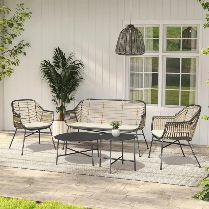 5-Piece Outdoor Wicker Patio Conversation Set – Boho Seating with Cushions and Coffee Tables for Indoor/Outdoor Use