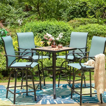 5-Piece Outdoor High Top Bar Set – Waterproof Patio Bistro Table and 4 Chairs, Light Blue Finish