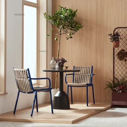Modern Outdoor Wrought Iron Table and Rattan Chair Set – Creative Courtyard Furniture for Villa or Hotel