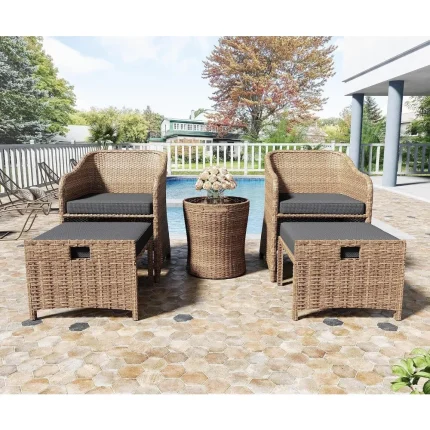 Outdoor Patio Wicker 5-Piece Furniture Set – No Assembly, All-Weather Rattan Bistro & Storage Table
