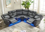 Faux Leather Power Reclining Sectional Sofa – LED Lights, USB Ports, Cup Holders, Storage Console, Wall Hugger