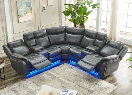 Faux Leather Power Reclining Sectional Sofa – LED Lights, USB Ports, Cup Holders, Storage Console, Wall Hugger