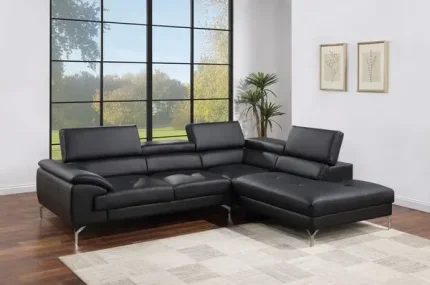 Modern Black Faux Leather Sectional Sofa Set – 2-Piece Couch with Chaise, Metal Legs, Contemporary Design