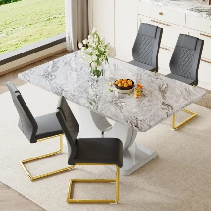 Modern 63" Grey Faux Marble Dining Table Set for 4, Rectangle Kitchen Table with 4 Chairs