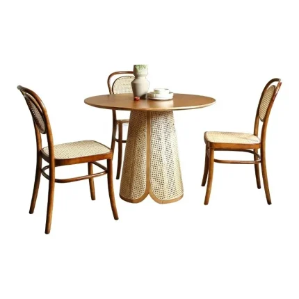 Qiji Style White Wax Wood Round Dining Table Set with Rattan Chairs – 6-Person Creative Design