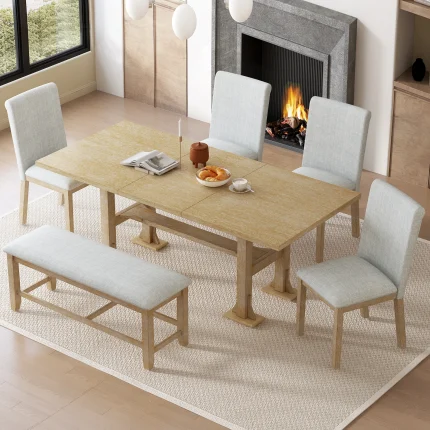 Farmhouse 76" Extendable Dining Table Set, 6-Piece Trestle Kitchen Table with 18" Removable Leaf