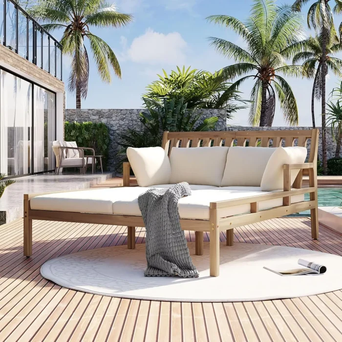Outdoor Wooden Patio Daybed with Curved Armrests – Gray & Beige Garden Lounger with Four Pillows Included - Image 1