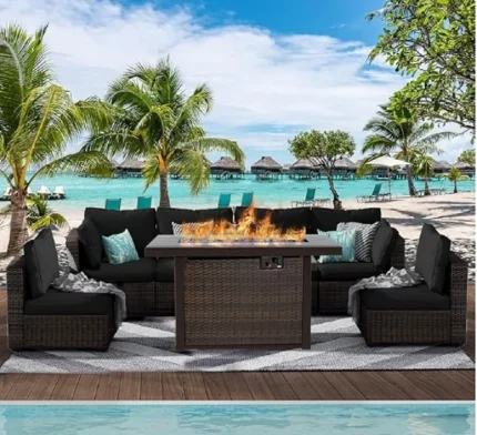 7-Piece Rattan Patio Furniture Set with Fire Pit Table – Outdoor Sectional with Cushions for Backyard Comfort